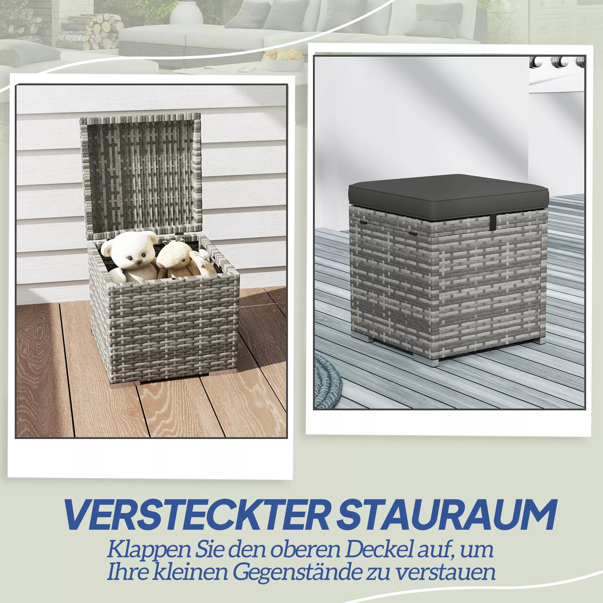 2 vnt. rataninių taburečių rinkinys su rataniniu dizainu, daiktų laikymo vieta, pagalvėlė, dangtis, 120 kg apkrova, 40x40x41 cm, tamsiai pilkos spalvos