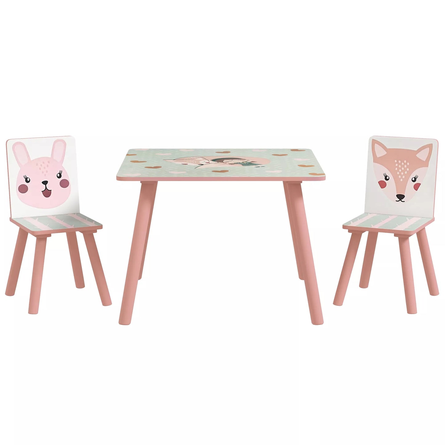 Vaikiška sėdimoji grupė iš pušies medienos, stalas su 2 kėdutėmis, gyvūnų motyvas, skirta vaikų kambariui, 3-8 metai, rožinė