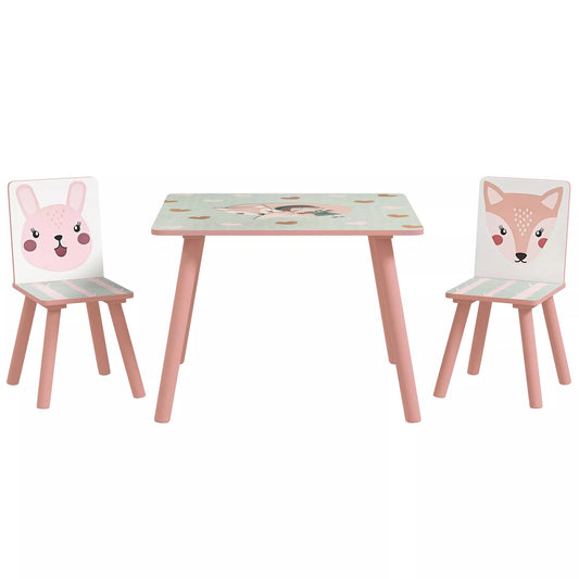 Vaikiška sėdimoji grupė iš pušies medienos, stalas su 2 kėdutėmis, gyvūnų motyvas, skirta vaikų kambariui, 3-8 metai, rožinė