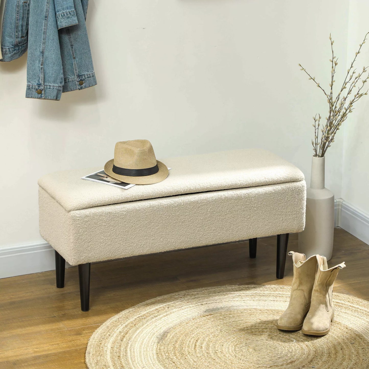 Vintažinio dizaino suolas, batų suolas, paslėpta daiktadėžė, kašmyro išvaizda, smėlio spalvos + juoda