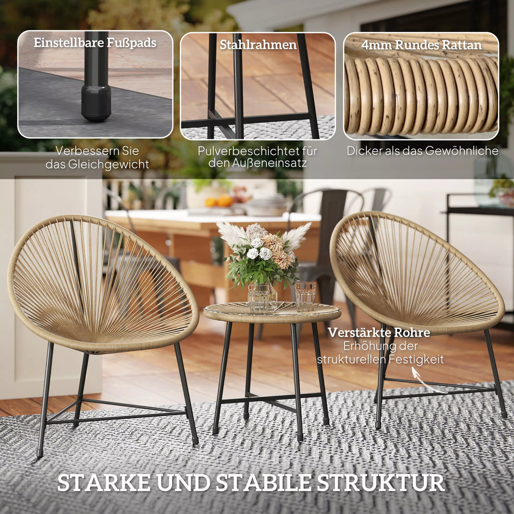 3 dalių sodo baldų komplektas, 2 plastikinės rotango kėdės, 1 stalas su stikliniu stalviršiu, plieninis rėmas, lauko sėdimoji baldai, šviesiai rudi