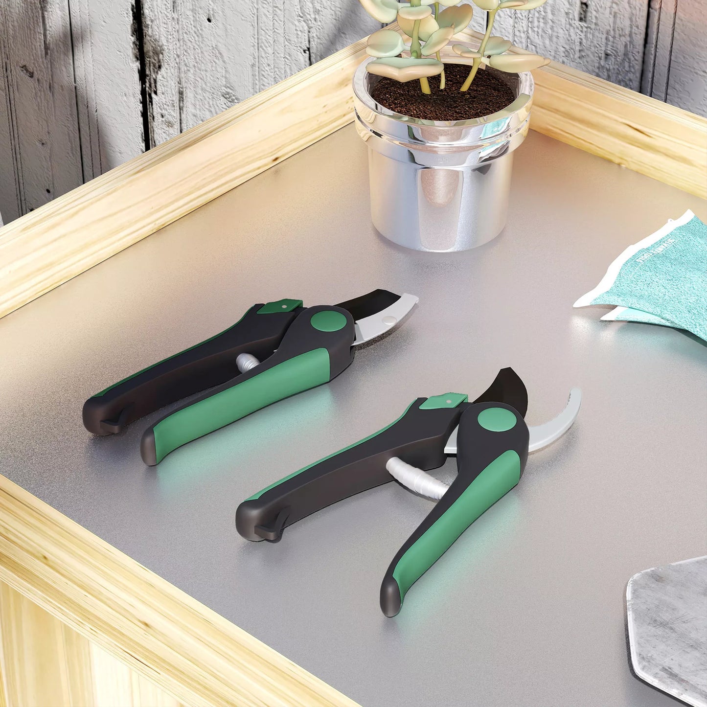 Sodo įrankių rinkinys, 2 vnt. Metaliniai sodo įrankiai su genėjimo žirklėmis, žalia+juoda