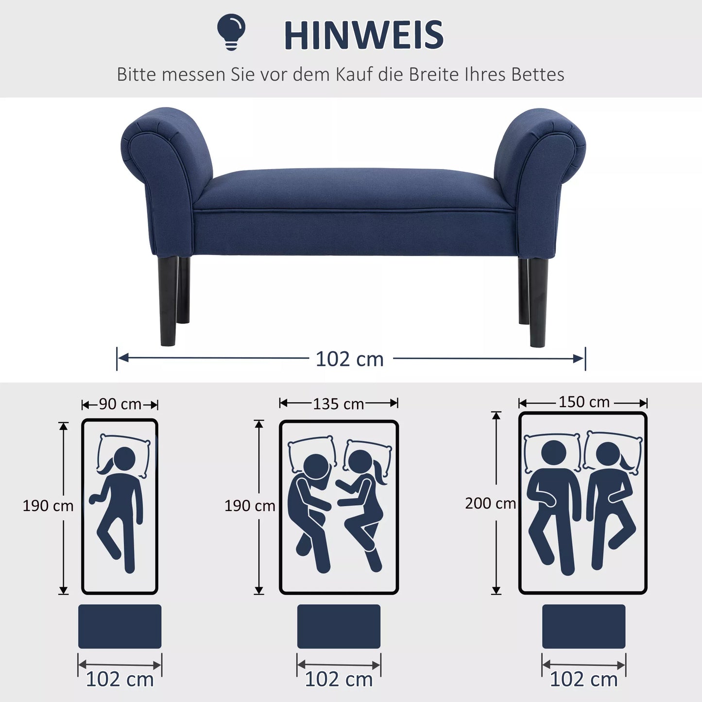 Minkštas suoliukas miegamajam ir koridoriui, atlaiko iki 130 kg, 102 x 36 x 51 cm, mėlynas