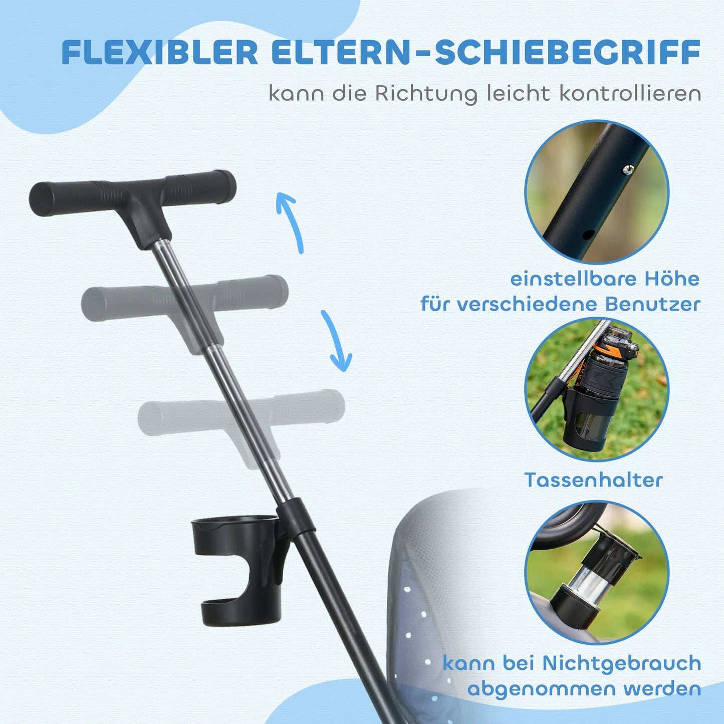 Šeši viename vaikiškas triratukas su stūmimo rankena, stogeliu, saugos diržu, laikymo krepšeliu, skirtas 1-5 metų vaikams, tamsiai mėlynas