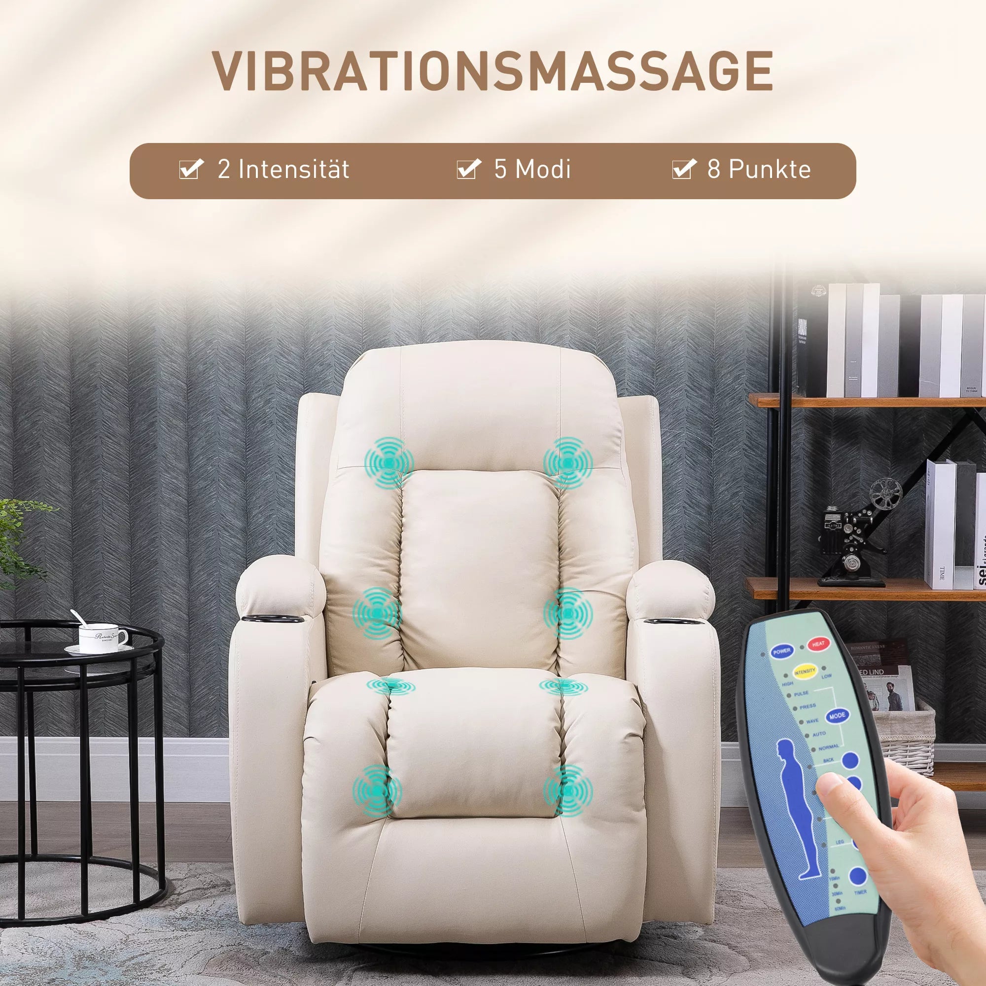 Masažinis krėslas, relaksinis krėslas, atlošimo funkcija, 8 vibracijos taškai, su nuotolinio valdymo pulteliu, Creme