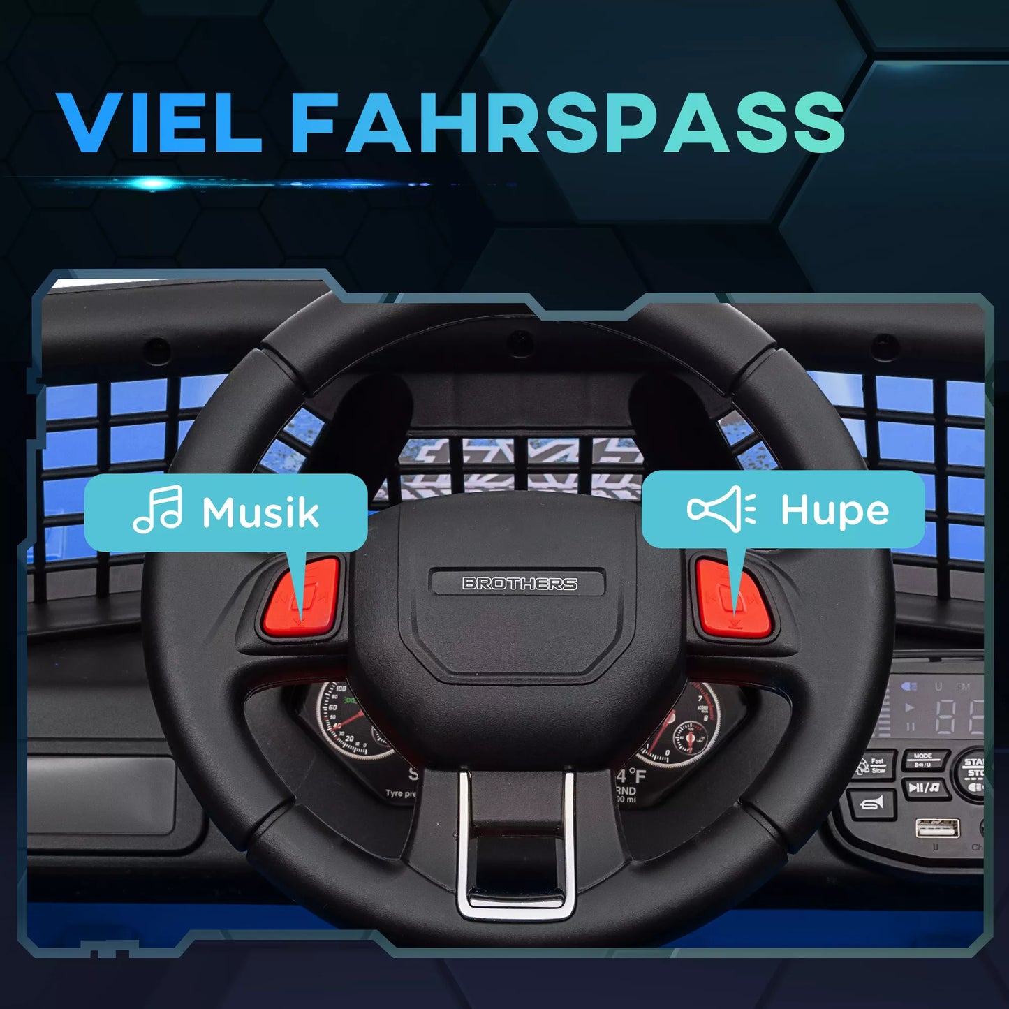 Vaikų elektromobilis su švelnia pakaba, valdomas nuotoliniu būdu, su LED žibintais, garsiniu signalu, 12V varikliais, pagamintas iš plastiko ir metalo, Mėlynas