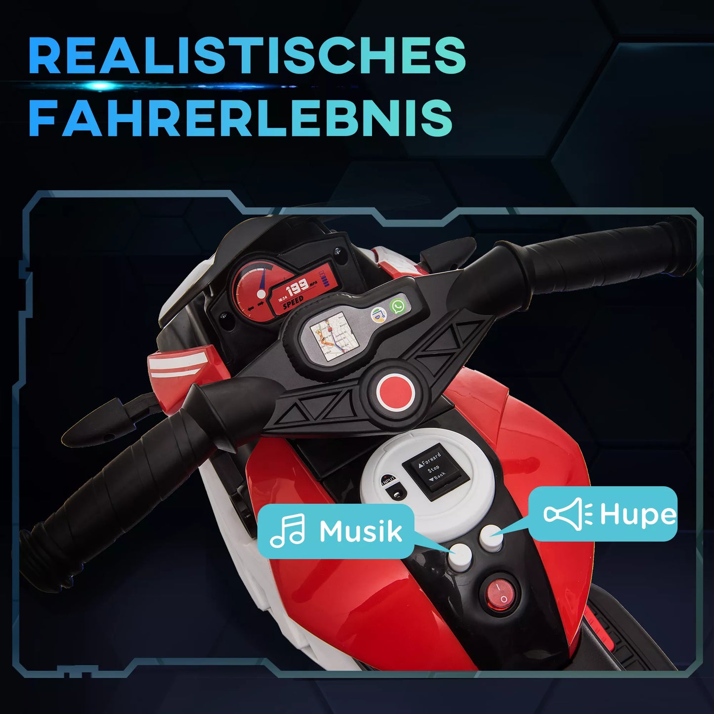 Elektrinis vaikiškas motociklas, šviesos ir garsai, 3 km/h, įkraunamas, plastikas ir metalas, juoda/raudona