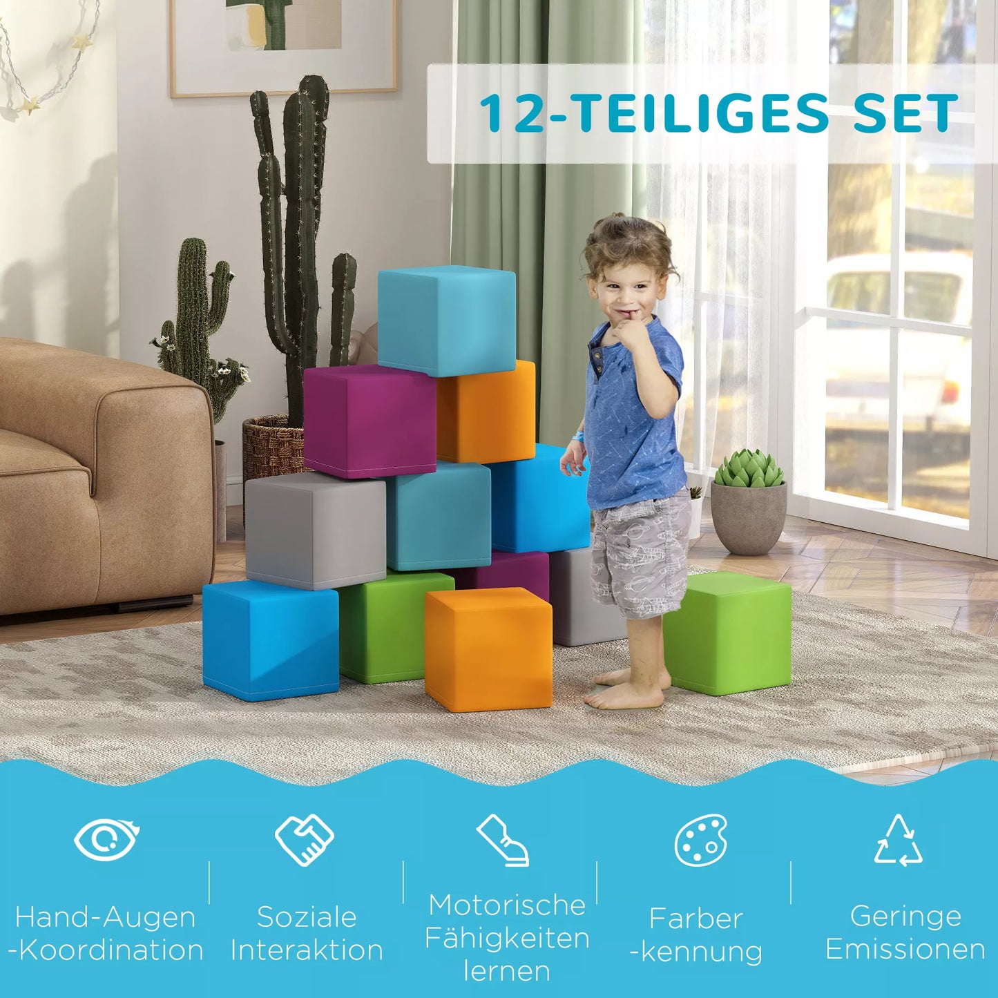 Minkšti statybiniai blokai vaikams, 12 statybinių blokų rinkinys 1-3 metų vaikams, 20x20x20 cm