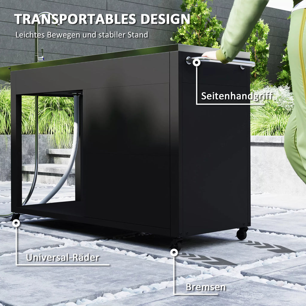 Grillwagen Servierwagen su darbo paviršiumi Šoninė lentelė Spintelė Kriauklė Ratai, nerūdijantis plienas 162,5x47x87cm Juoda