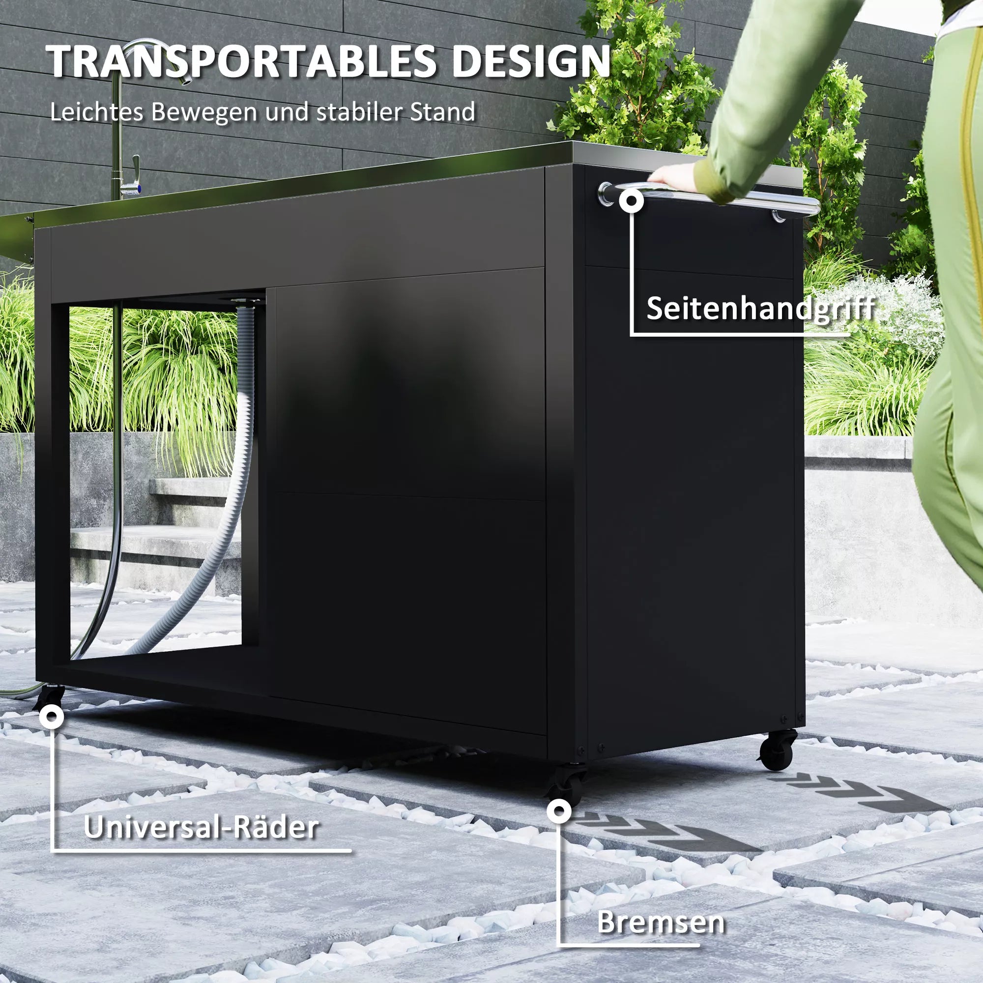 Grillwagen Servierwagen su darbo paviršiumi Šoninė lentelė Spintelė Kriauklė Ratai, nerūdijantis plienas 162,5x47x87cm Juoda