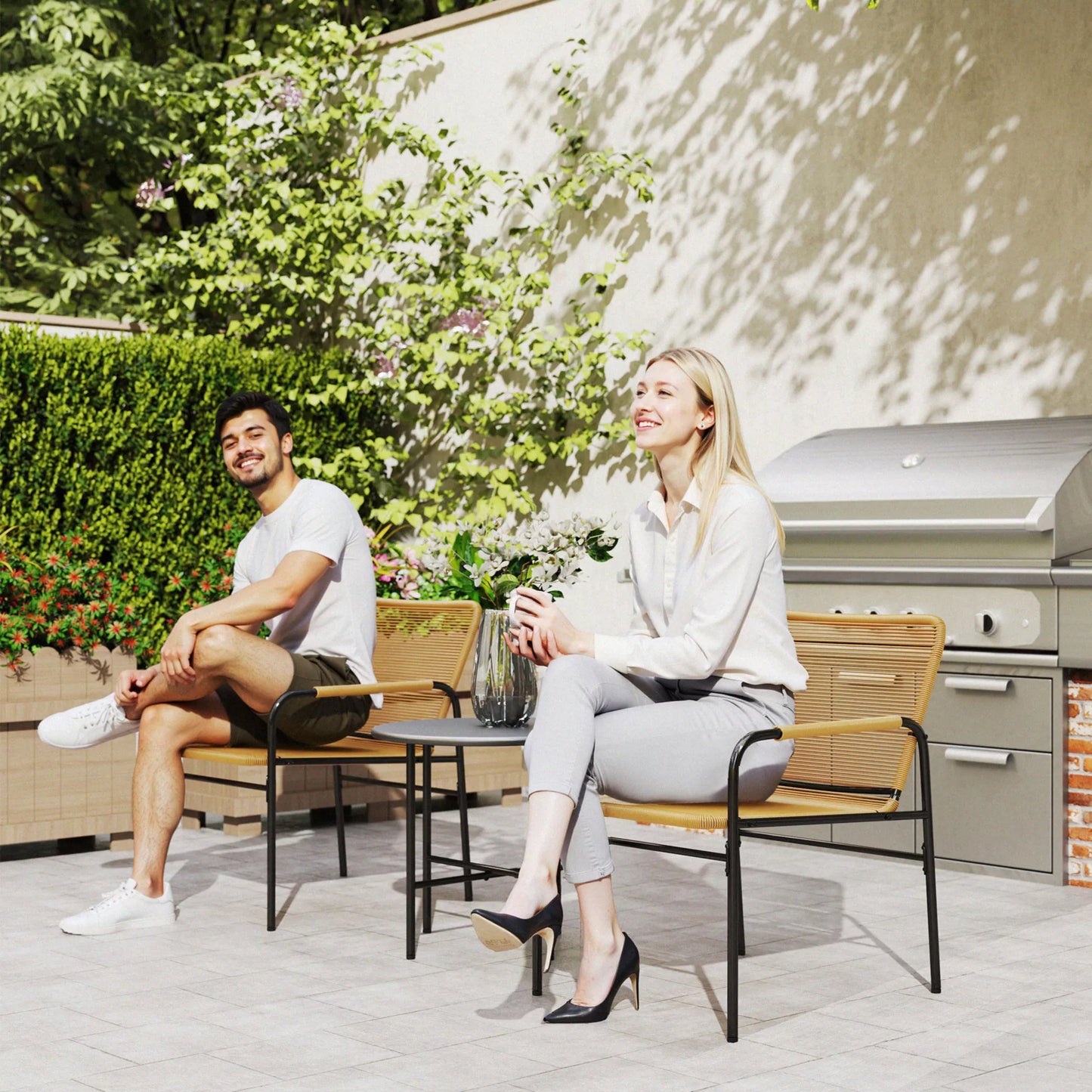 3 dalių rotango bistro komplektas, sėdimoji grupė, sodo baldų komplektas su 2 sodo kėdėmis, kavos staliukas 54 x 66 x 76 cm, geltonas