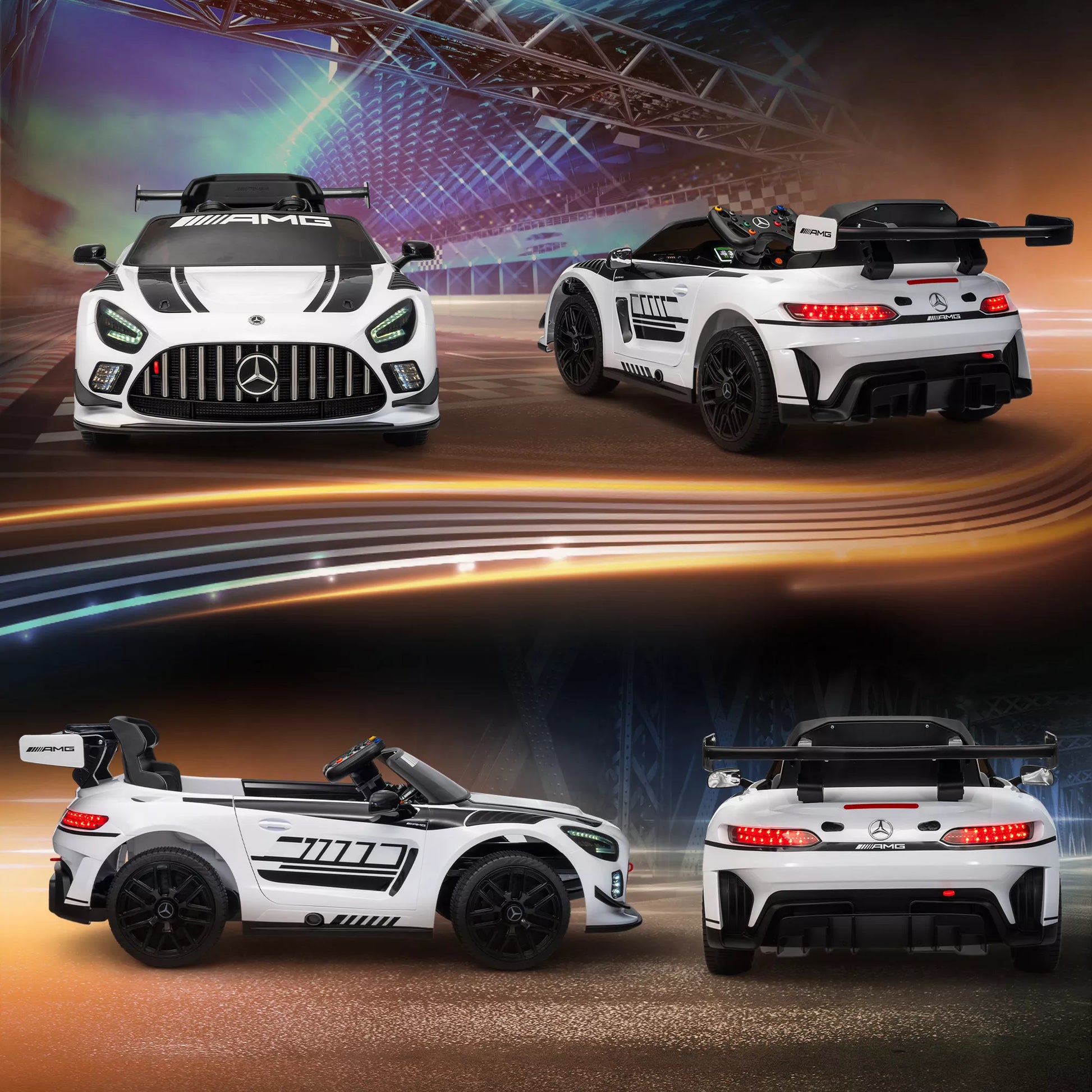 Mercedes elektrinis automobilis vaikams, 12V baterija, LED žibintai, muzikos funkcija, garso signalas, 3-8 metai, baltas