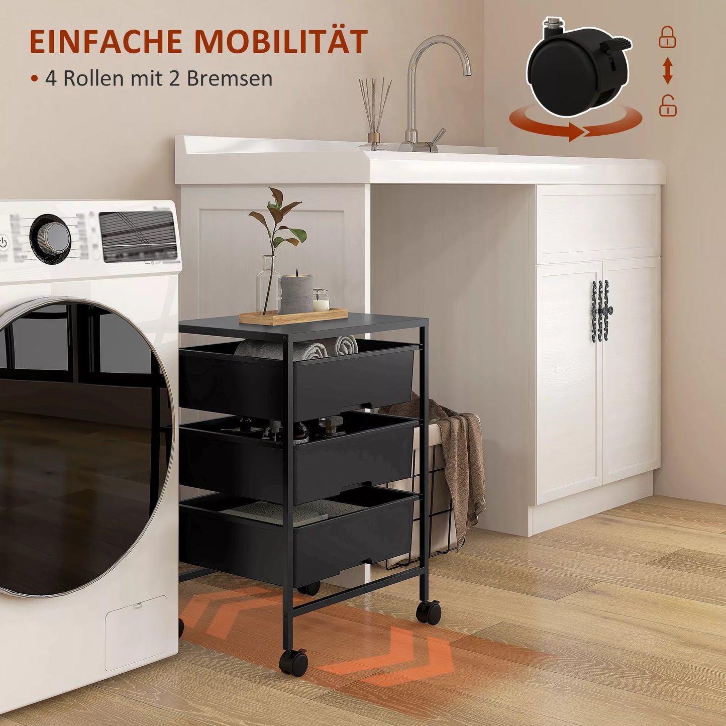 Vežimėlis su ratukais, 3 krepšiai transportavimui ir laikymui, virtuvės vežimėlis, 40,8 ilg. x 33,5 plat. x 60,5 aukšt. cm, juodas