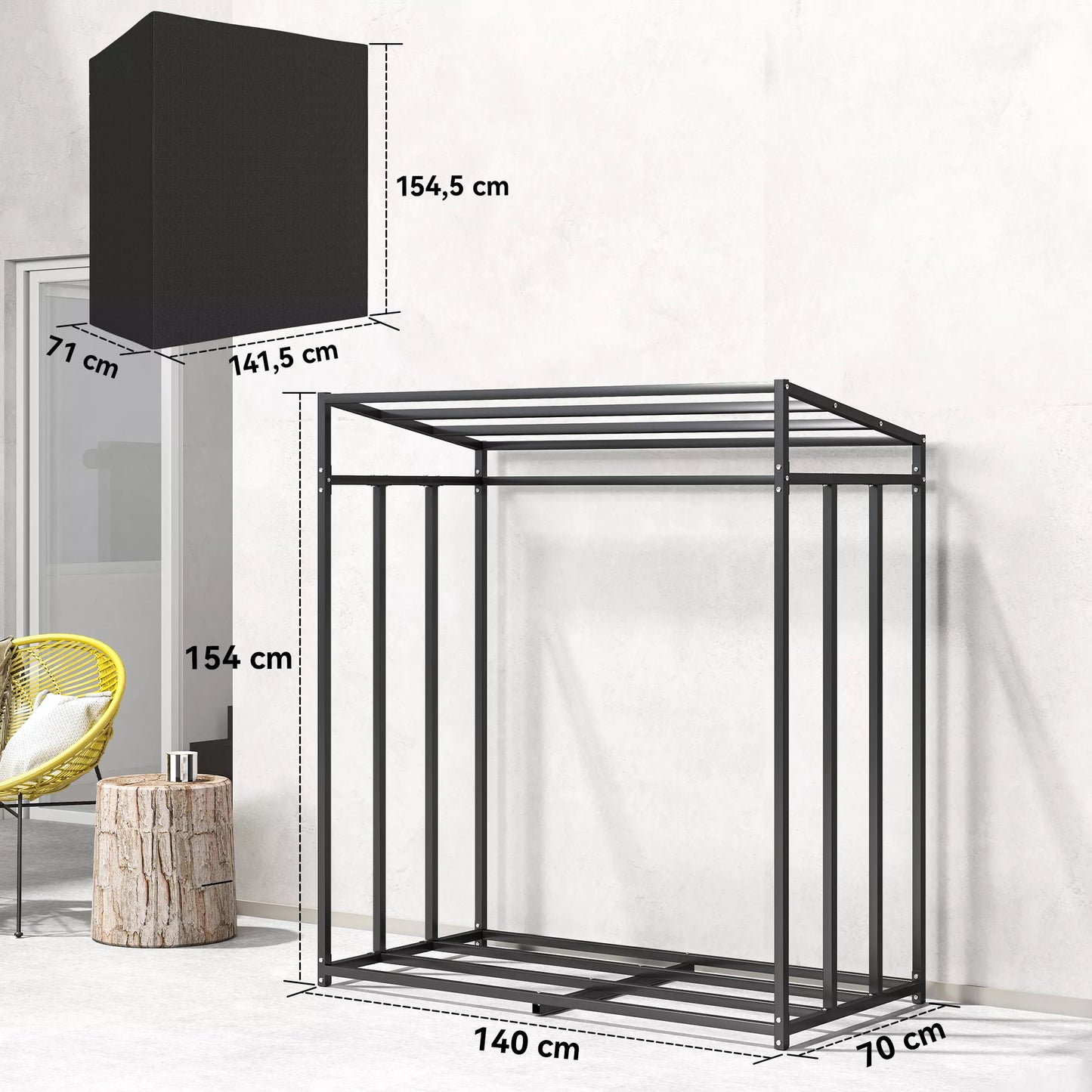 Malkinė, stovas malkoms iš plieno, su medžiaginiu uždangalu, 300 kg apkrova, 140 x 70 x 154 cm, juoda