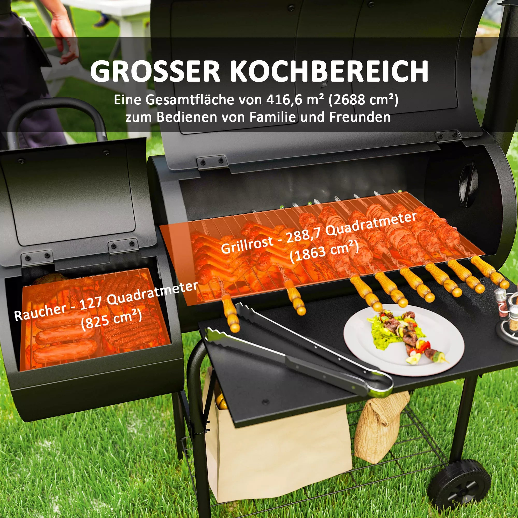 Anglies grilis iš plieno BBQ Smoker su dangčiu Termometras Ratai Oro tiekimas Anglies dėžė