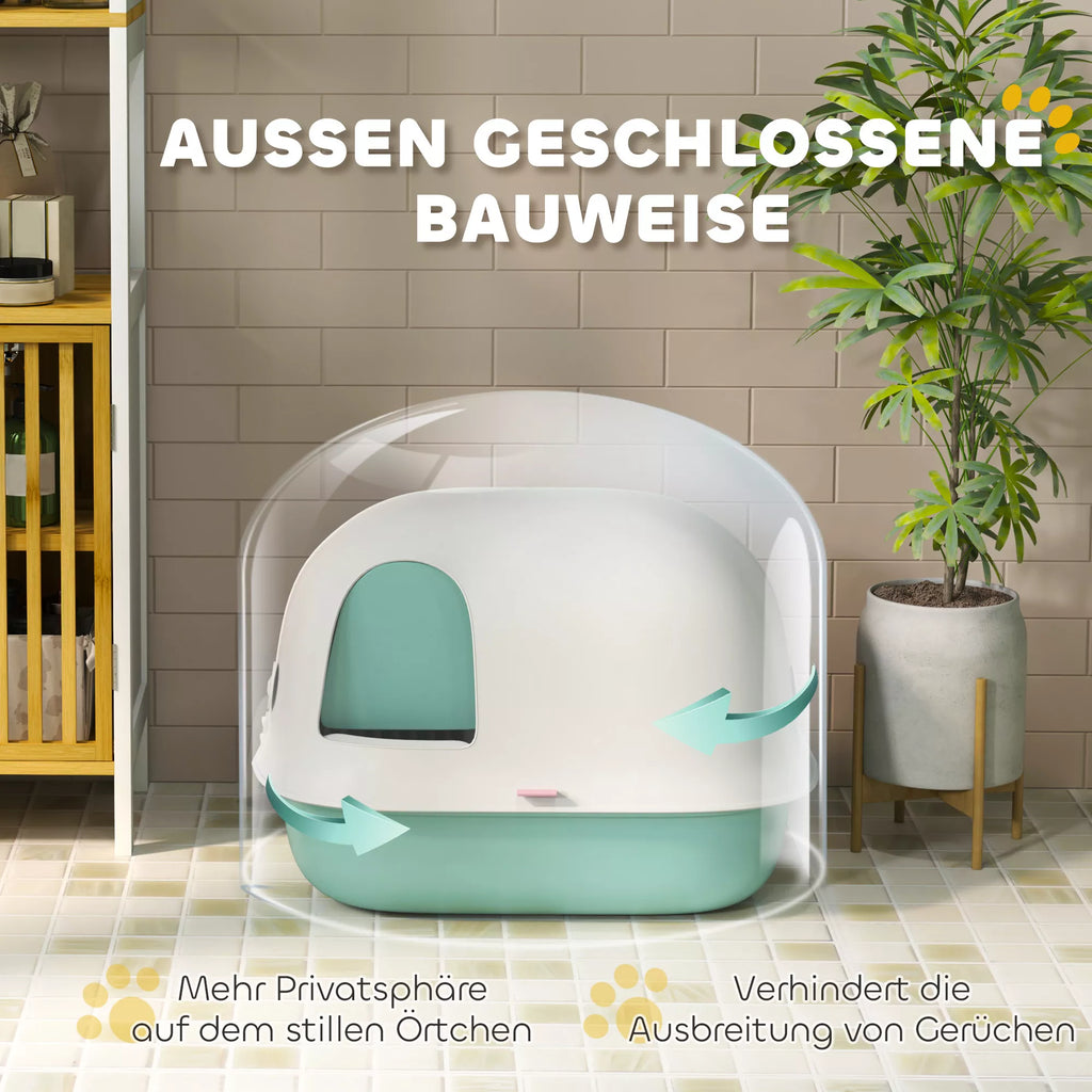 Katės tualetas su dangčiu, katės dėžė su vidiniu kanalu, durelėmis, kastuvu, lengvai valoma, plastikinė, žalia