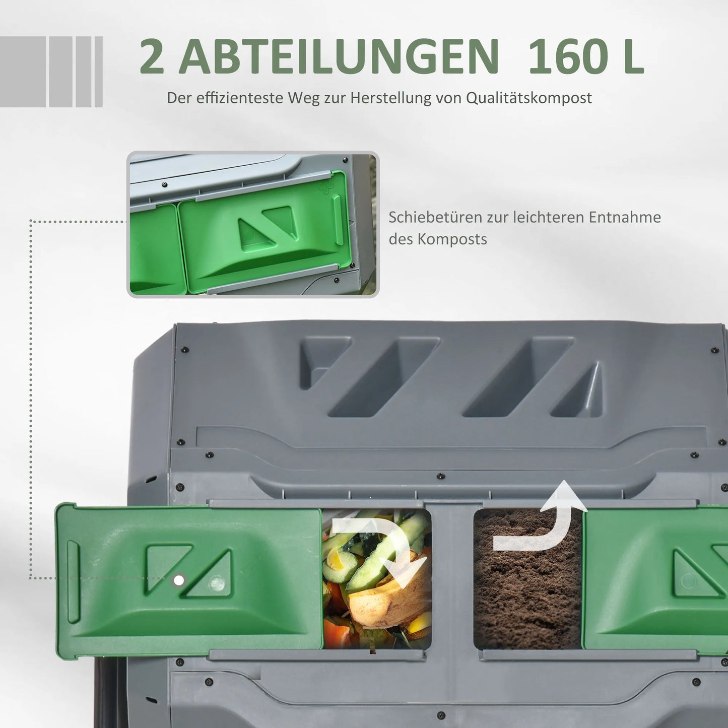 Kompostinis konteineris su 2 skyriais, 160 L talpa, besisukantis, 71 cm x 65 cm x 96 cm, Pilka + Žalia + Juoda