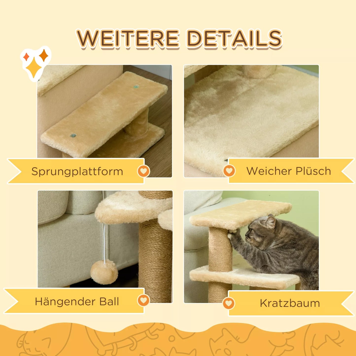 Naminių gyvūnų laiptai, nagų galandimo stulpas, 4 laipteliai, žaislinis kamuolys, namelis, reguliuojamas aukštis, 60 x 40 x 66 cm, smėlio spalvos