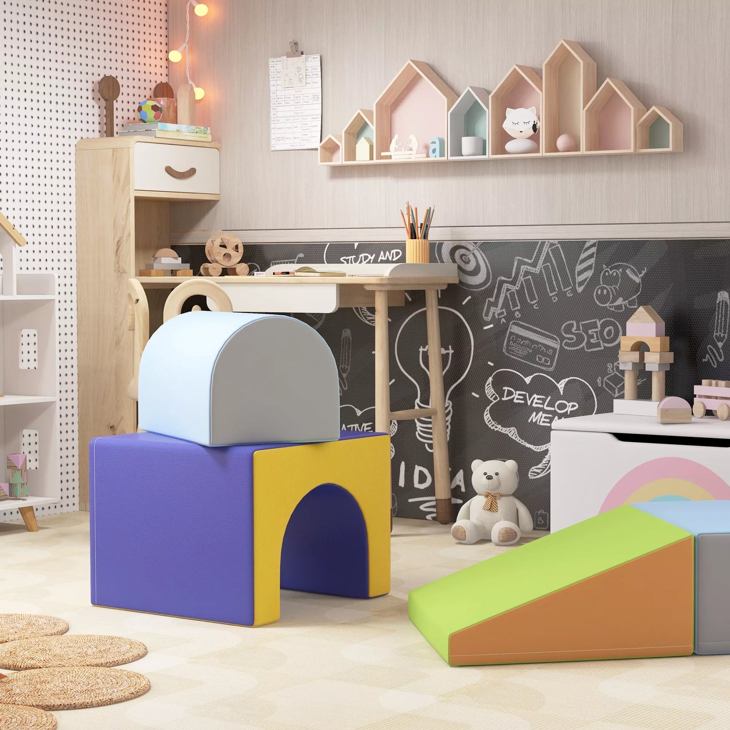 4 dalių minkštų blokelių rinkinys laipiojimui ir čiuožinėjimui, su dirbtinės odos užvalkalu, 1–3 metų vaikams, daugiaspalvis