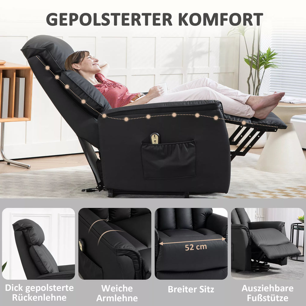 Infografika su juodo elektrinio pakėlimo krėslo komforto detalėmis: storas paminkštinimas ir plotis 52 cm