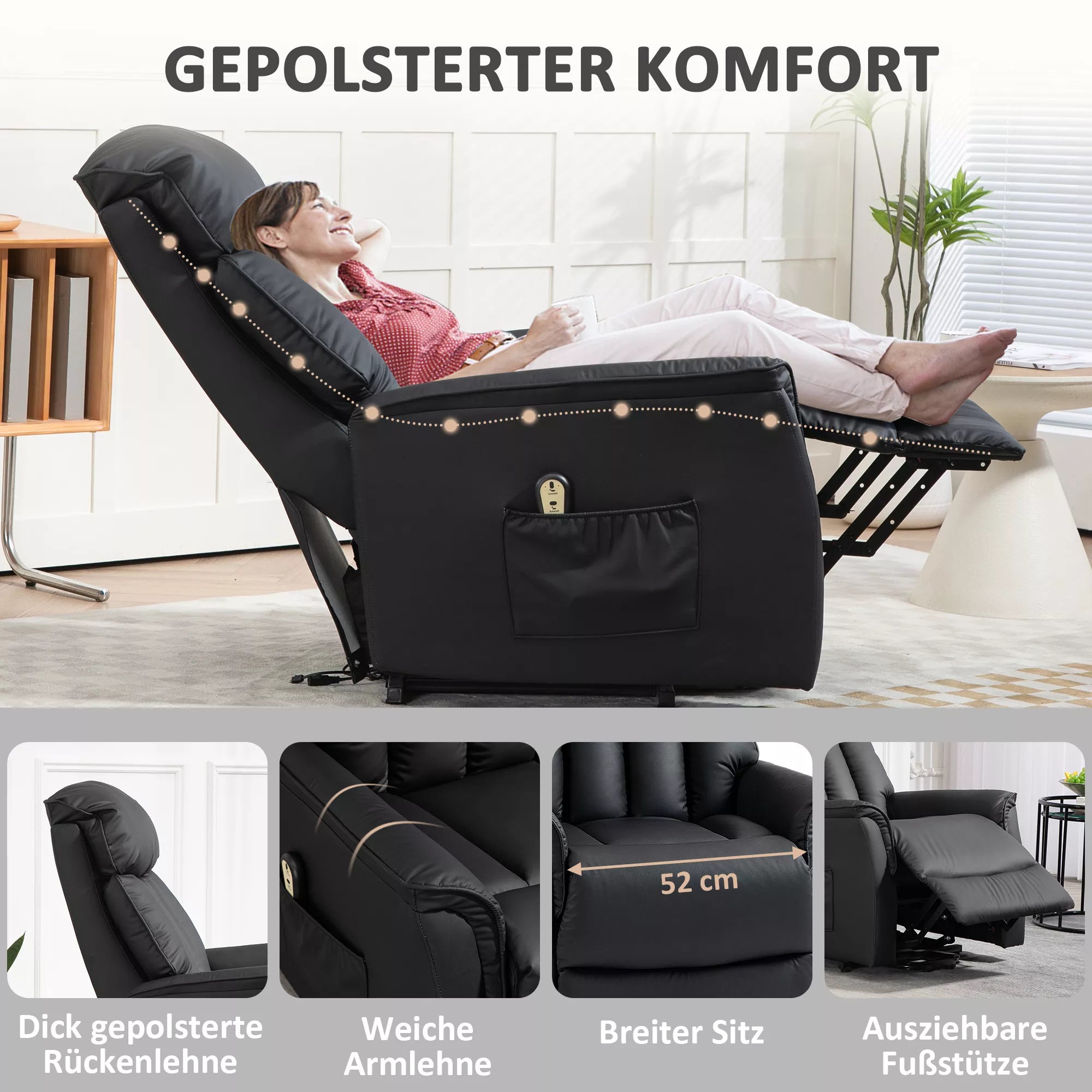 Infografika su juodo elektrinio pakėlimo krėslo komforto detalėmis: storas paminkštinimas ir plotis 52 cm