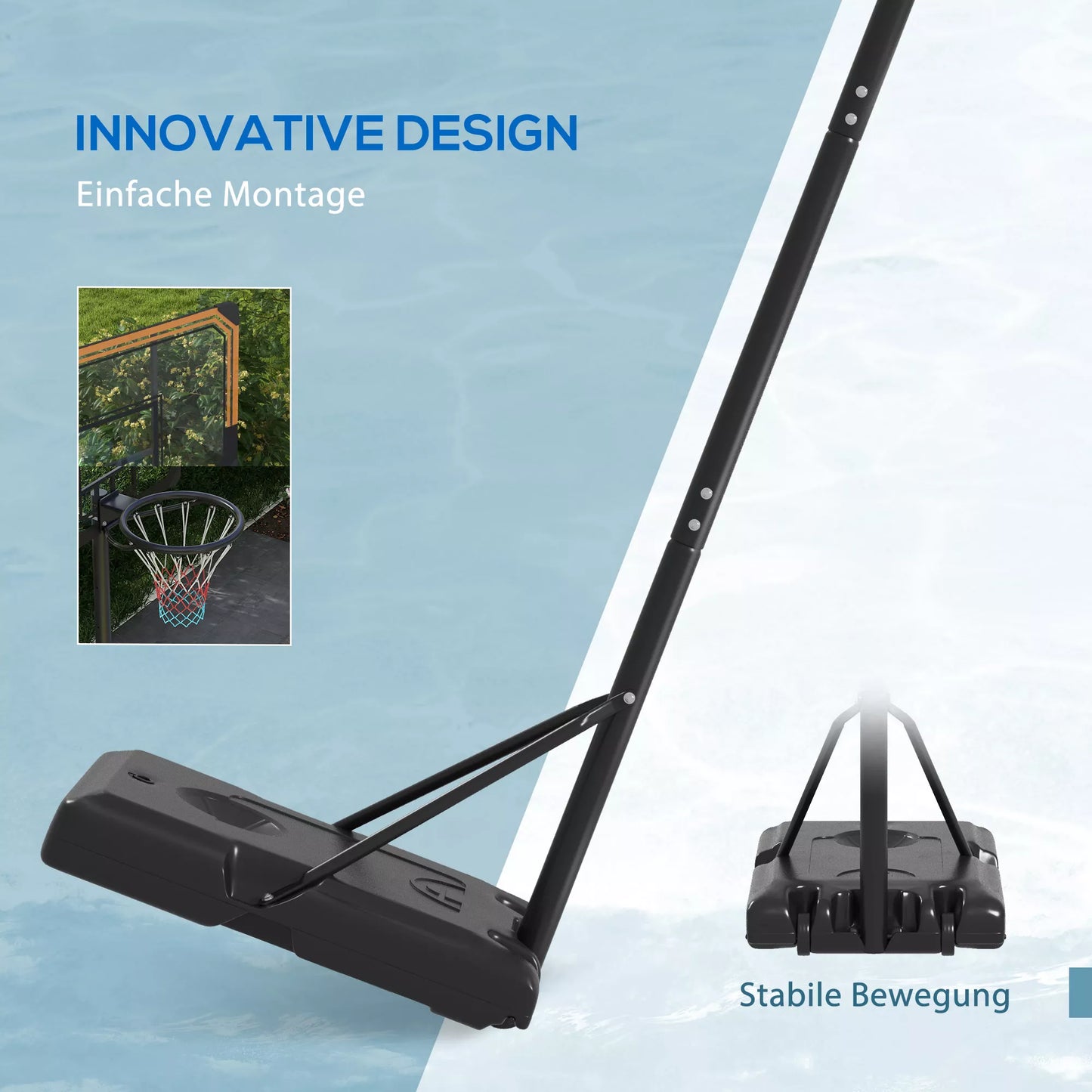 Reguliuojamo aukščio krepšinio stovas, 182-213 cm krepšio aukštis, atsparus oro sąlygoms, su ratukais, metalinis rėmas