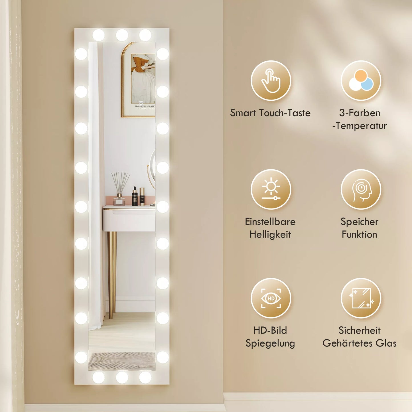 Visas kūno veidrodis 150x40 cm LED veidrodis su 24 lemputėmis, 3 šviesos spalvos, laisvai stovintis, atlenkiamas arba montuojamas prie sienos, baltas