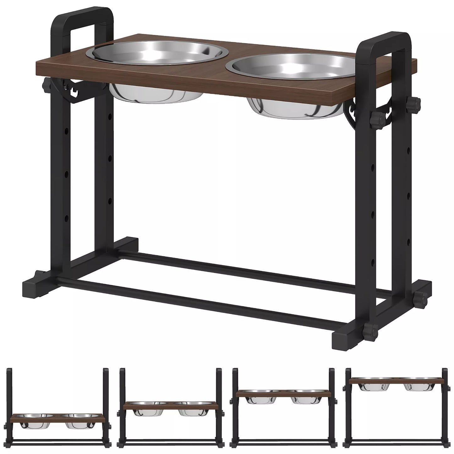 Pakeltas šunų dubuo 4 aukščio reguliuojamas dubuo su stovu, 2 x 1,2 l nerūdijančio plieno dubenėliai, 3 reguliuojami kampai, rudos spalvos