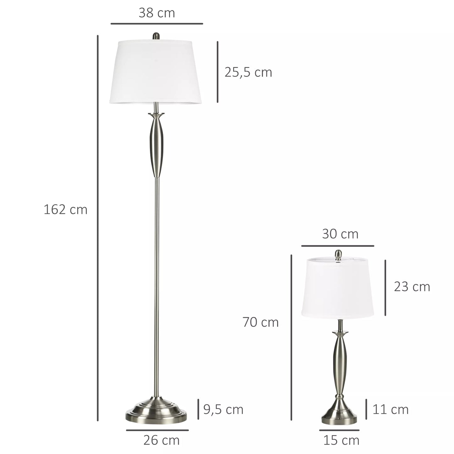 3 dalių šviestuvų rinkinys. 1 pastatomas šviestuvas, 2 staliniai šviestuvai, su linine išvaizda; 38 cm x 38 cm x 158 cm, Sidabrinis + Baltas