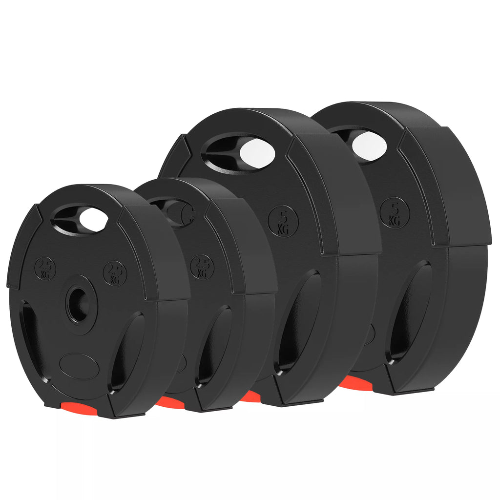 4 vnt. svorio plokščių rinkinys treniruotėms, sporto salėms, namų treniruotėms, jėgos treniruotėms, 2 x 5 kg ir 2 x 2,5 kg, juodos spalvos