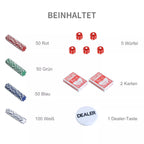 Atvertas aliuminio lagaminas su pokerio žetonų eilėmis