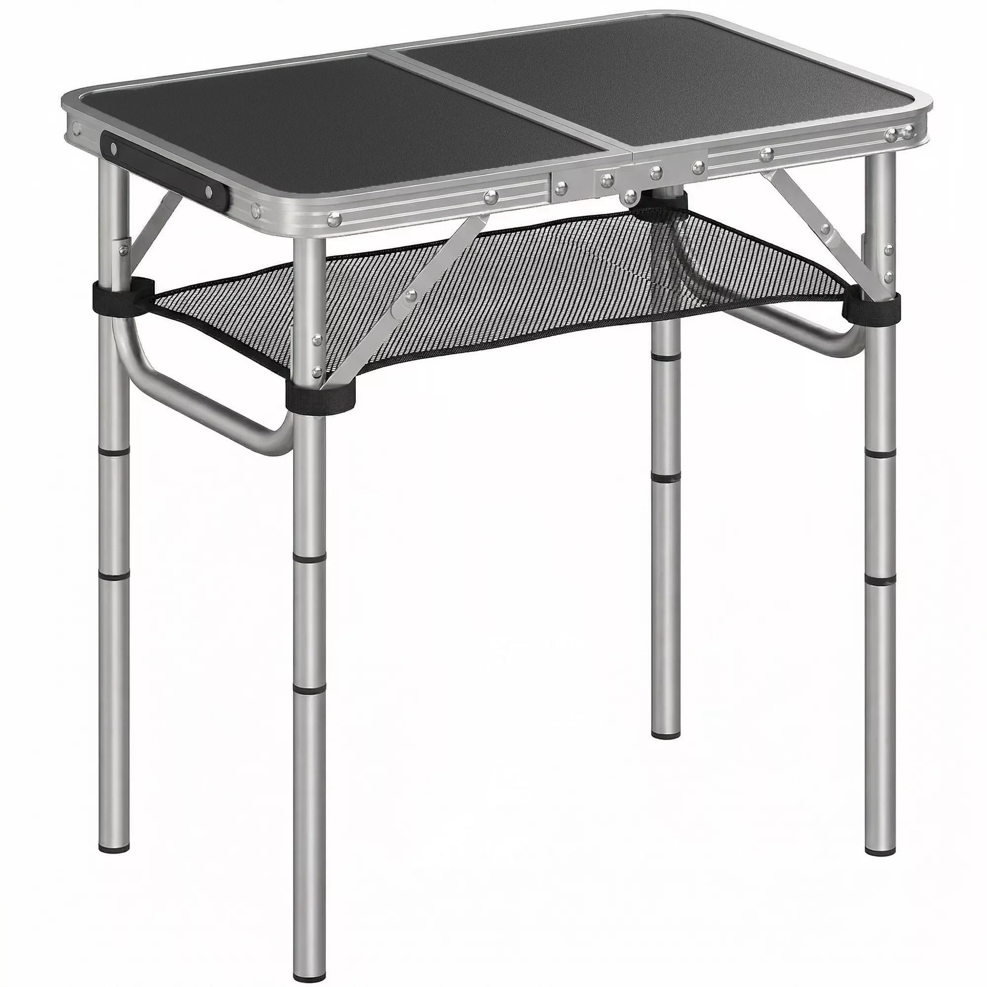 Kempingo stalas, sulankstomas stalas su tinkliniu skyriumi, 4 aukščio reguliavimo padėtys, nešimo rankena, aliuminis, 60 x 40 x 26–60 cm, juodos spalvos