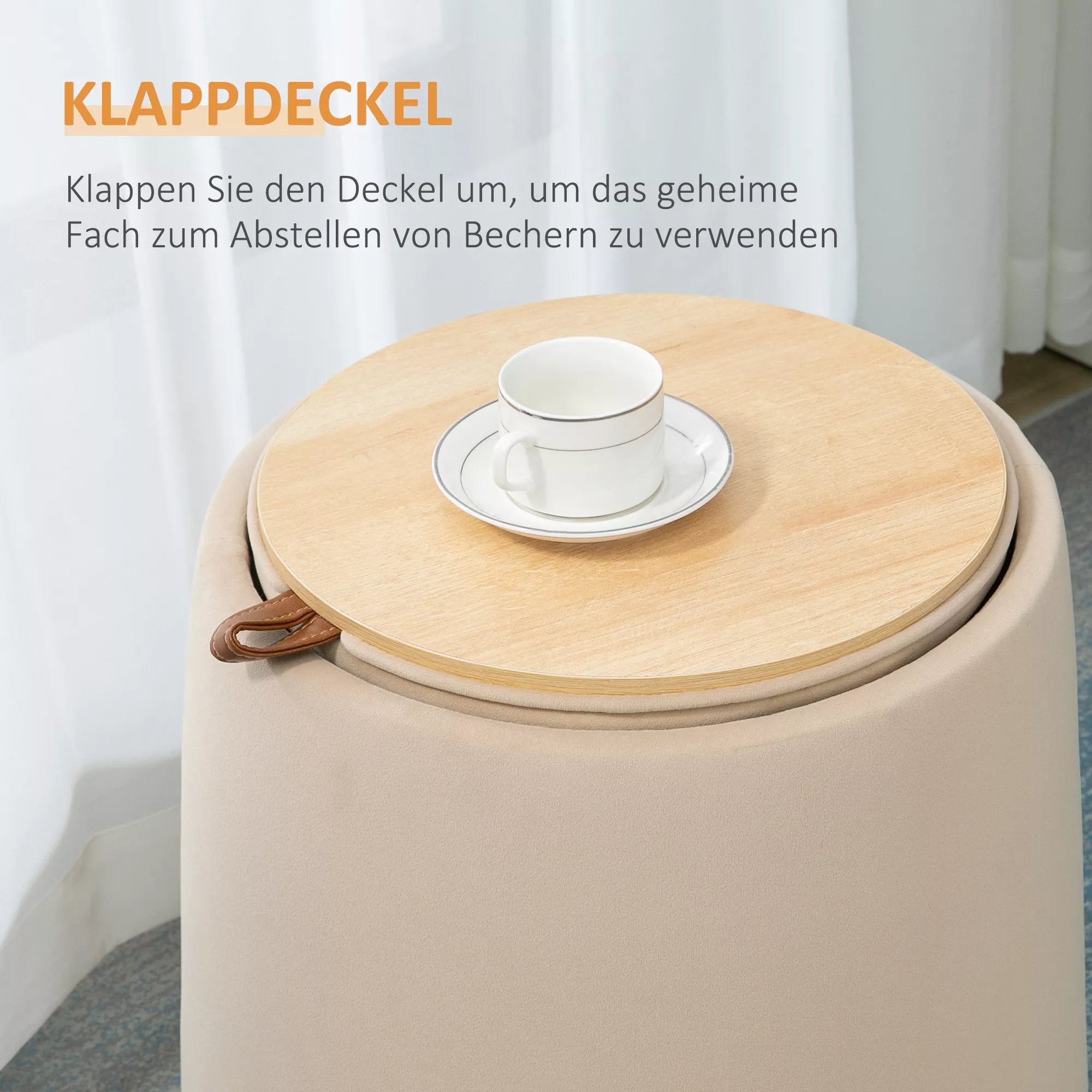 2-in-1 taburetė su aksomo apdaila, su saugojimo vieta ir nuimamu dangčiu Φ44 cm x 47,5 cm smėlio spalvos