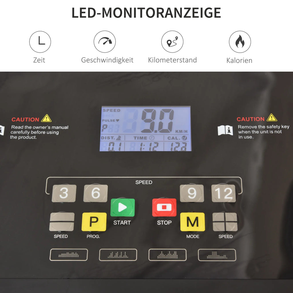 Sulankstomas elektrinis bėgimo takelis, 500 W, 1–12 km/h, LED ekranas, puodelio laikiklis ir telefono laikiklis, puikiai tinka namų sporto salei, vidaus treniruotėms, juodos spalvos, 134 x 60 x 118 cm