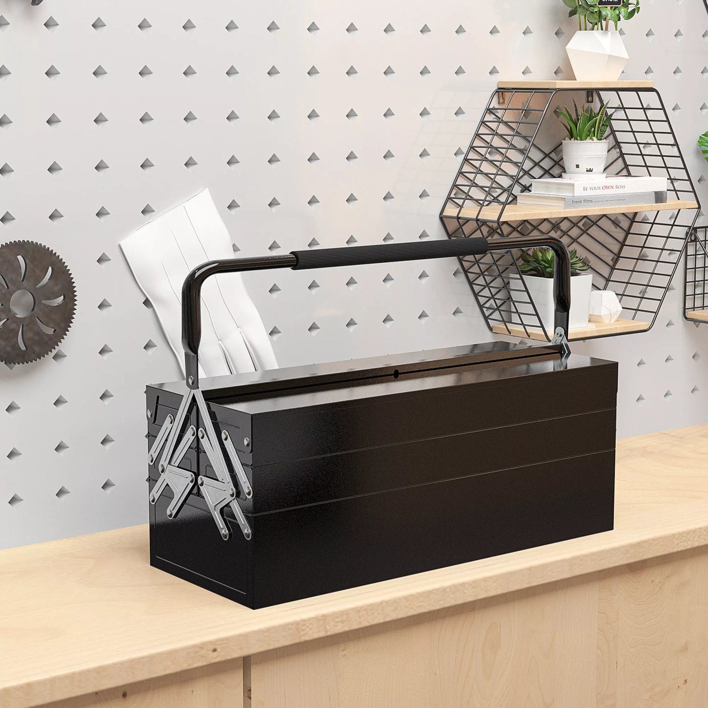 Įrankių dėžė, įrankių lagaminas su 3 pakopomis, plienas, 56I x 20P x 41A cm, juoda