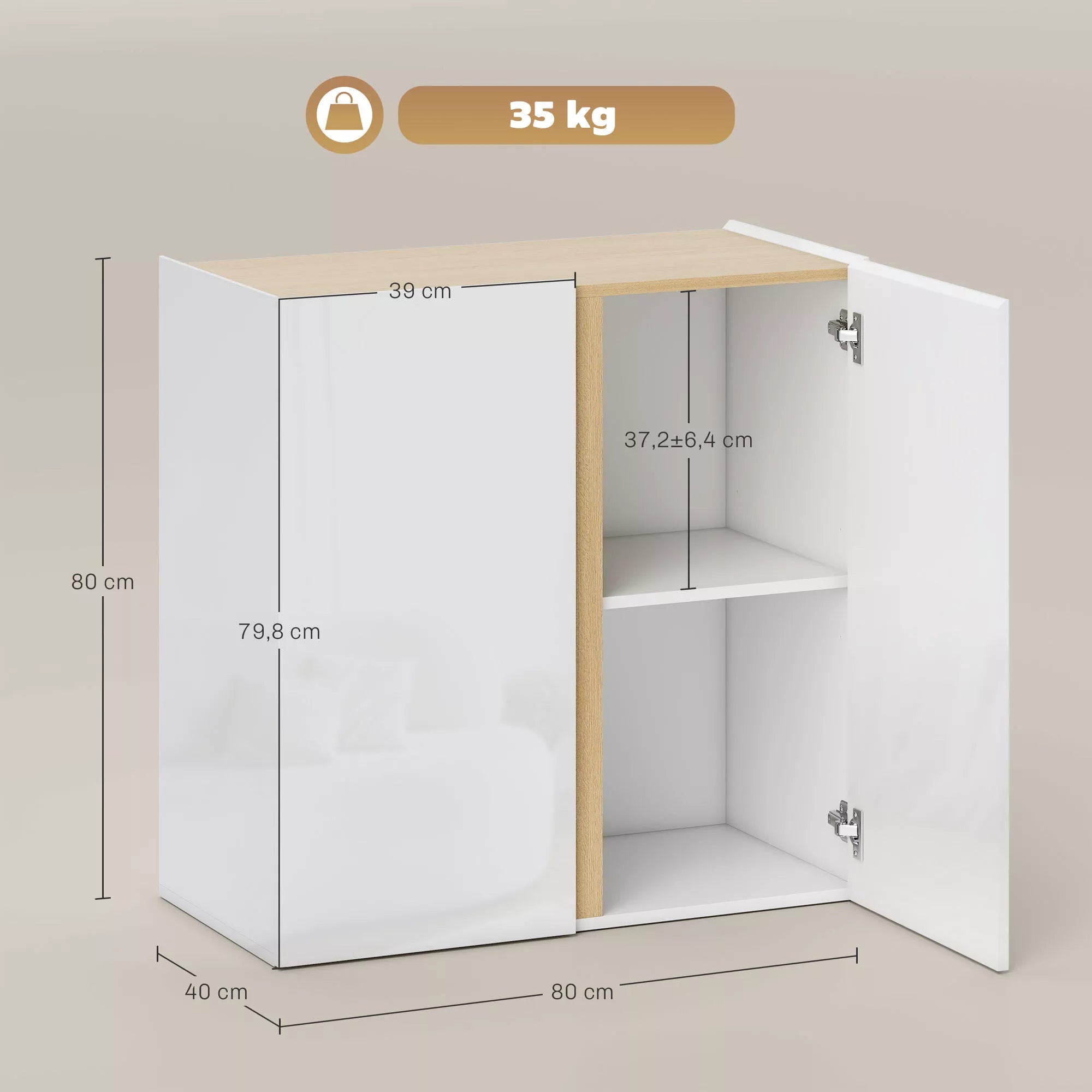 Komoda su švelniai užsidarančiomis durelėmis ir reguliuojama lentyna, 80 cm, balta