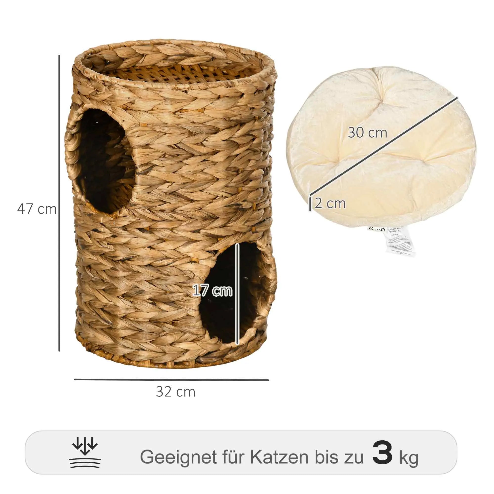 Draskytornis, 47 cm, 2 olos, pagalvėlė, draskomasis medis su katės guoliu, vandens hiacinto katino bokštelis, šviesiai rudas
