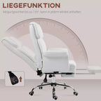 Infografika su baltos ergonominės biuro kėdės atlošimo 135° kampo ir atitraukiamų pakojų schema