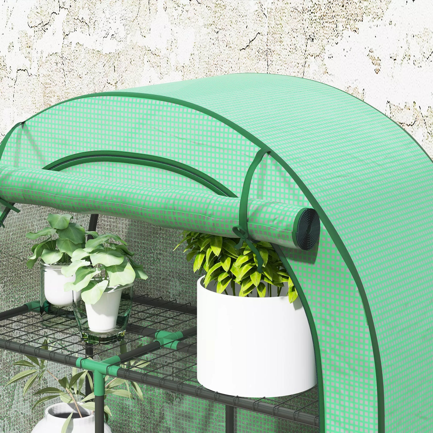 Mini šiltnamis, 4 pakopų šiltnamis su plastikine danga, nešiojamas, su susukamos durimis, 100 x 45 x 160 cm, žalias