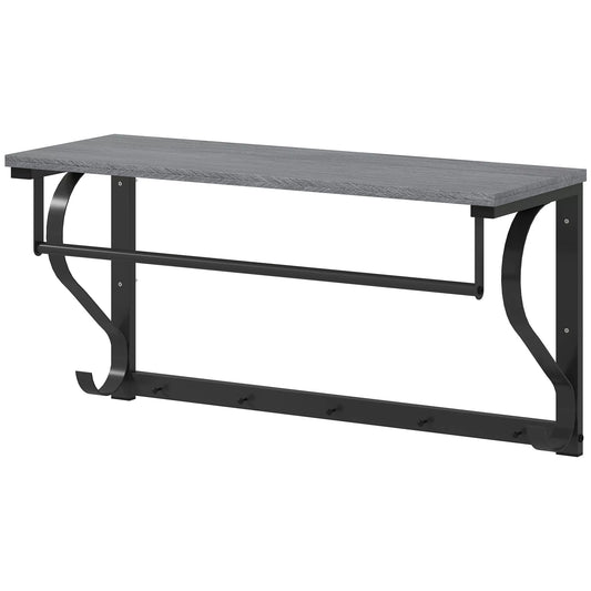 Sieninis drabužių kabyklos laikiklis, 5 kabliukai, viršutinė lentyna, universalus, pilkas