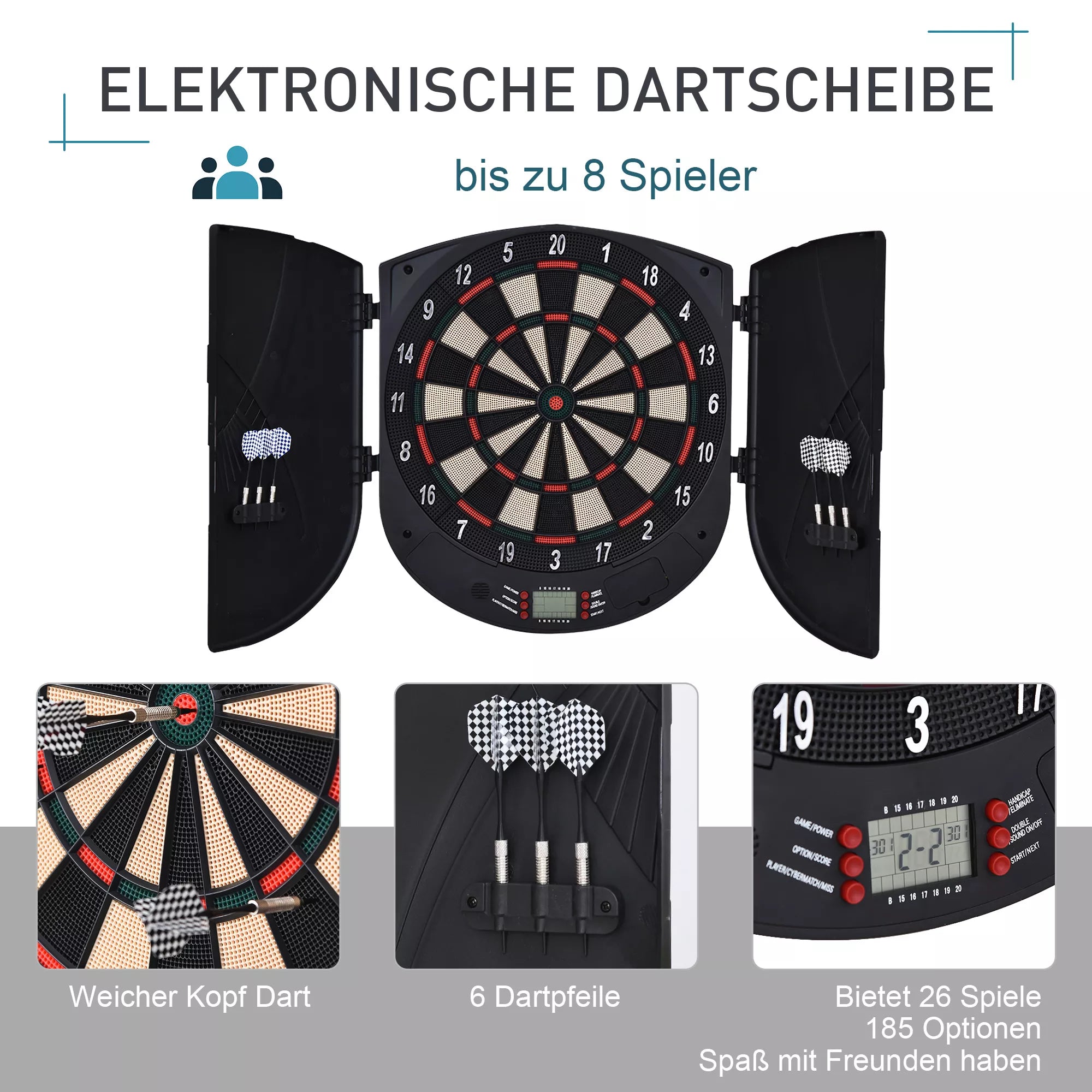 Elektroninis dartų taikinys Dartboard su balso pranešimais Anglų kalba LED indikatoriai 6 dartai 26 žaidimai 185 variantai Dartų automatas su durelėmis Dartų taikinys rinkinys iki 8 žaidėjų