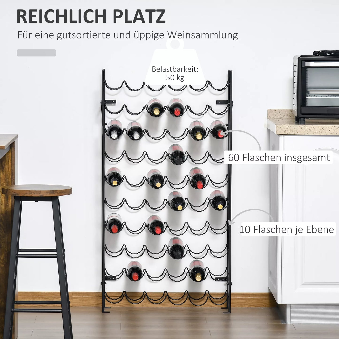 Vyno stovas, butelių lentyna, 60 butelių, metalinis, juodas, tvirtinamas prie sienos