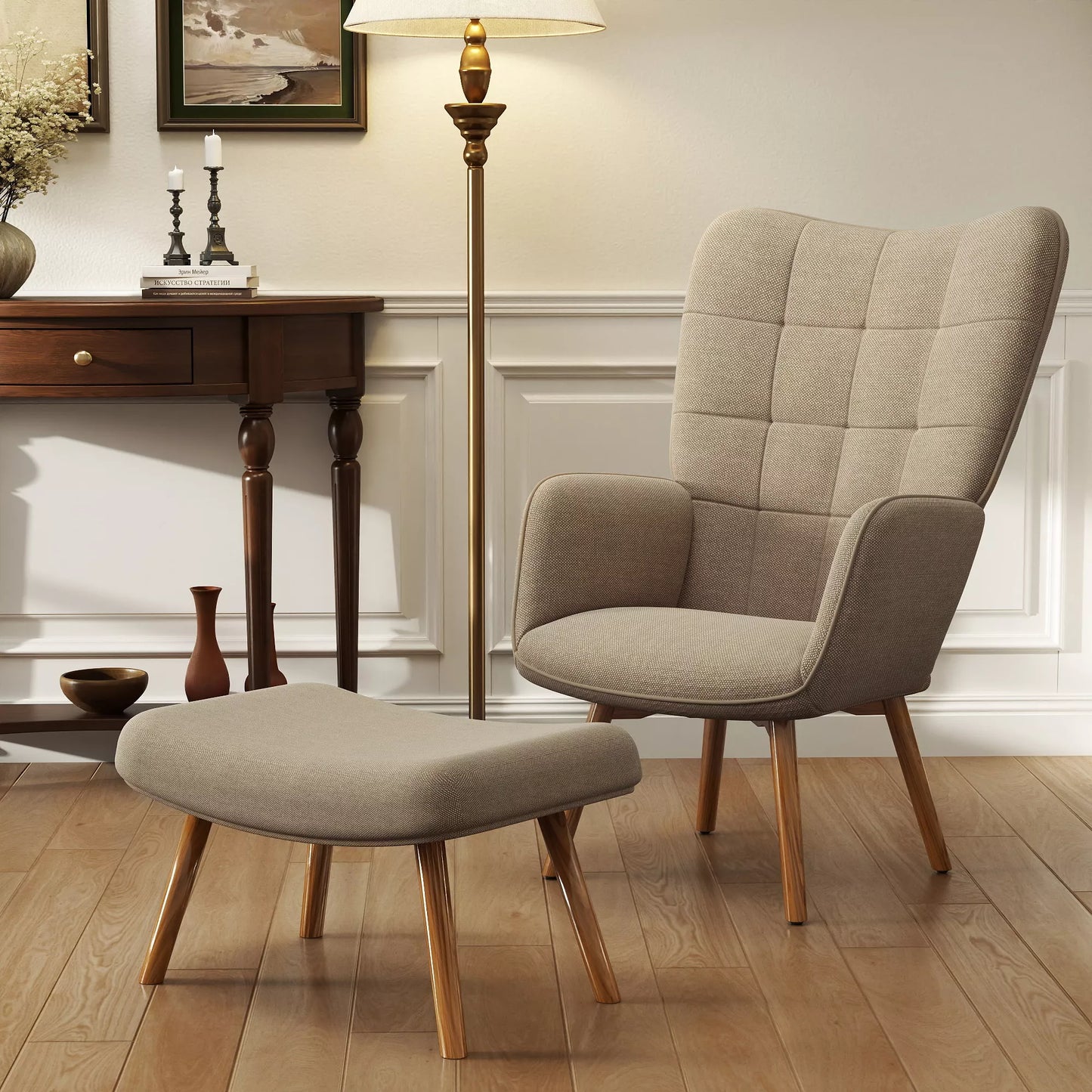 Akcentinis fotelis su pakoja, poilsio krėslas su "kordo" išvaizda, porankinis krėslas su medinėmis kojelėmis, svetainei, šviesiai rudas