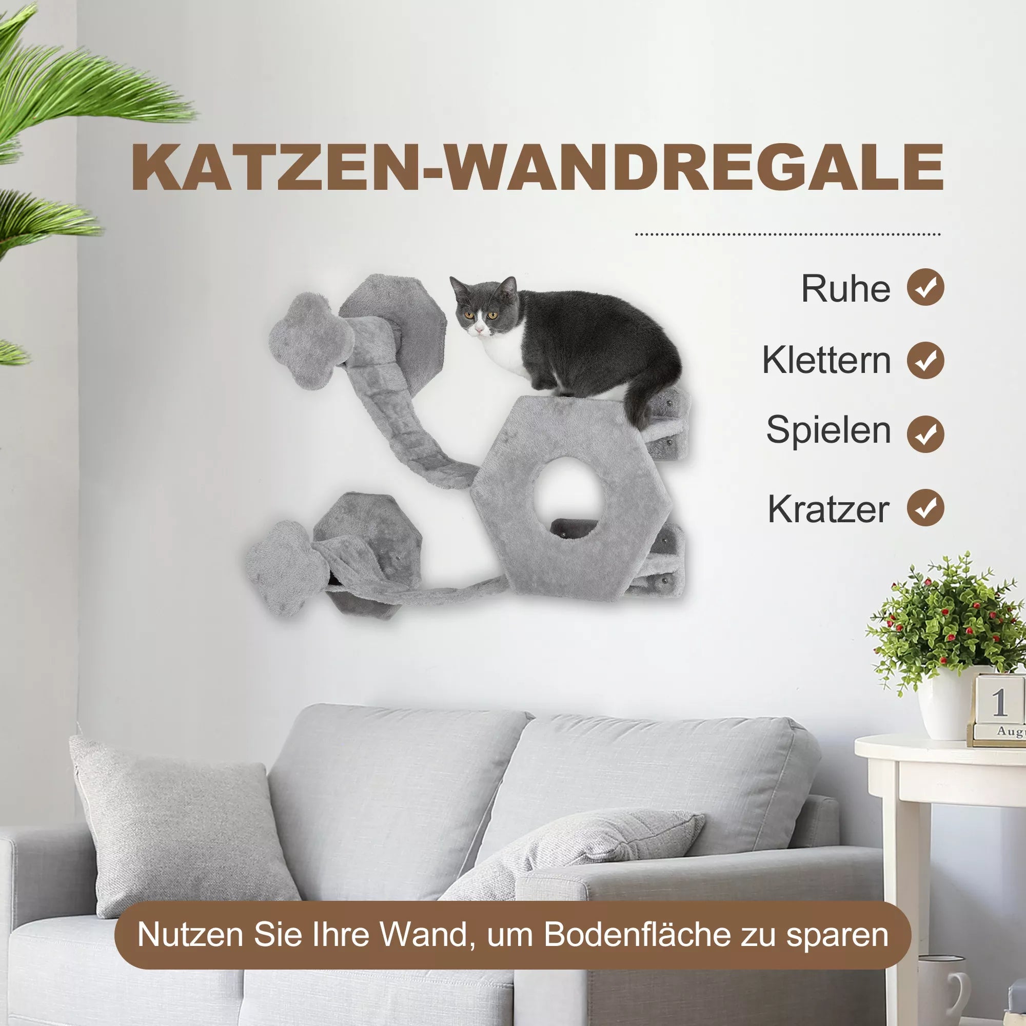 Katės laipiojimo siena, su nameliu, kopėtėlėmis, žaidimo kamuoliuku, erdvę taupanti, šviesiai pilka