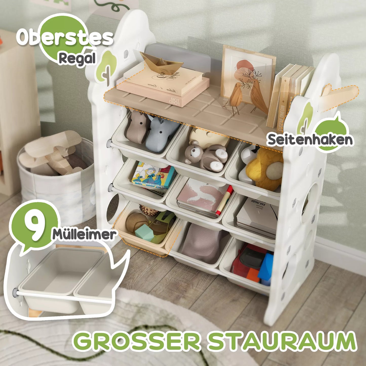Laikymo lentyna vaikams su 9 dėžutėmis, skirta žaislams ir knygoms, vaikų kambariui, darželiui, plastikinė, kreminės baltos spalvos