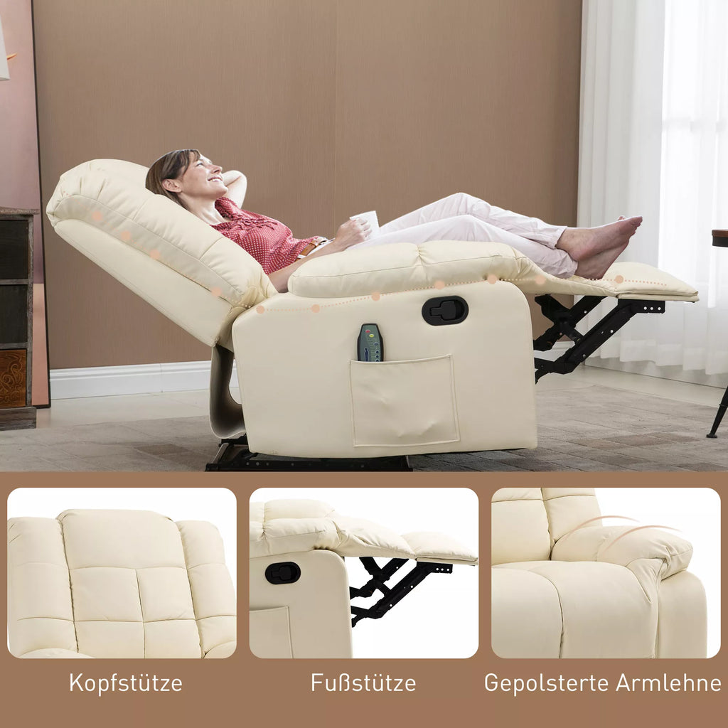 Masažinis krėslas su atlošimo funkcija, kreminės baltos spalvos