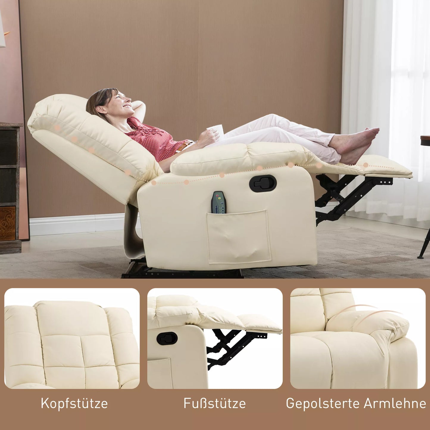 Masažinė kėdė, atpalaiduojanti kėdė, 8 vibracijos taškai, reguliuojama gulima padėtis, dirbtinė oda, kreminės baltos spalvos, 94x99x99cm