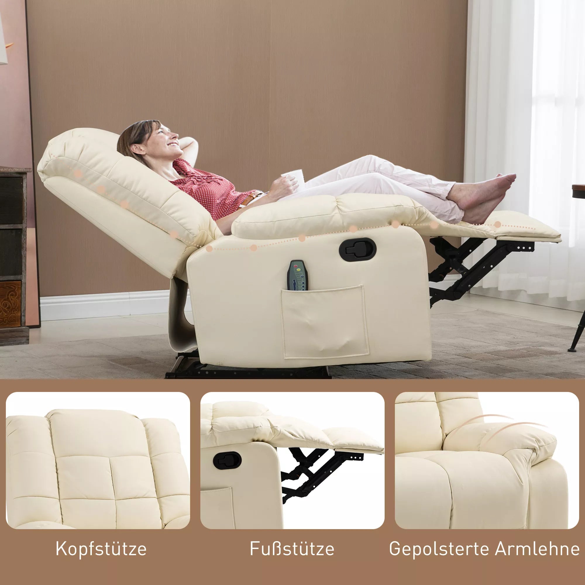 Masažinis krėslas su atlošimo funkcija, kreminės baltos spalvos