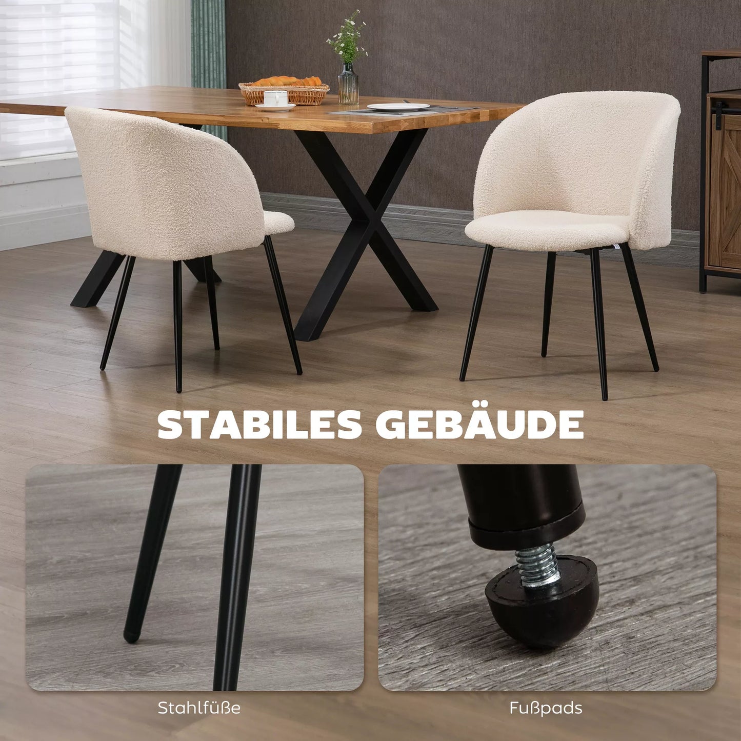 2 vnt. valgomojo kėdžių komplektas, minkštos kėdės su audinio apmušalu, virtuvės kėdės su plieninėmis kojomis, išlenkta atlošas, kreminė balta