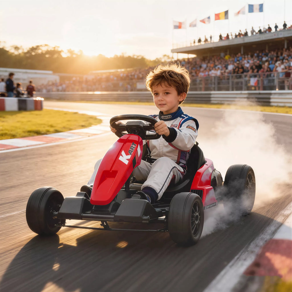 24V elektrinis kartingas, dreifo režimas, reguliuojama sėdynė, 5 taškų saugos diržas, muzikos funkcija, garso signalas, 6-12 metų, raudonos spalvos